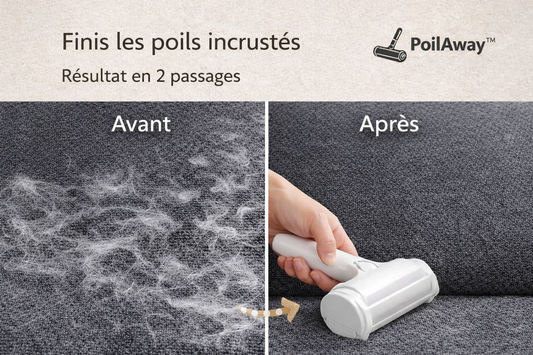 Avant et après utilisation du rouleau anti-poils PoilAway™ sur un canapé rempli de poils d’animaux