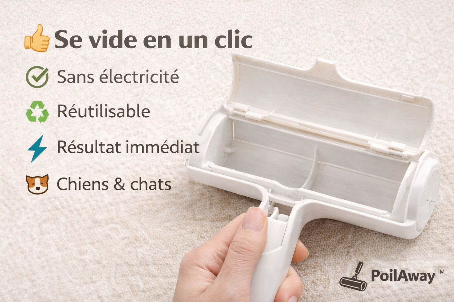 Réservoir du rouleau PoilAway™ rempli de poils d’animaux, facile à ouvrir et à vider